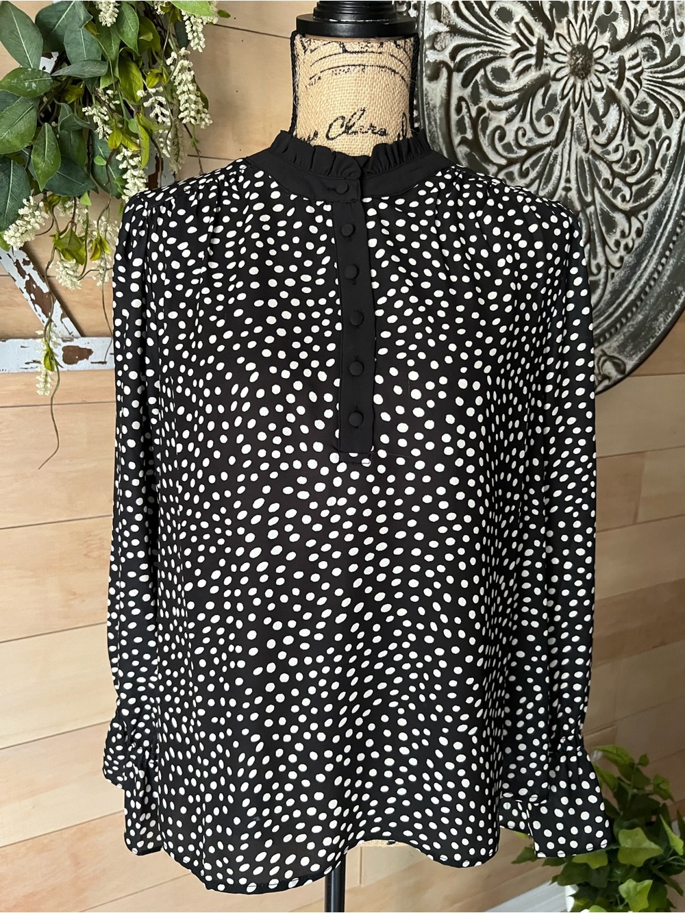 Gemma + Jane Black and White Polka Dot Long-Sleeve Blouse